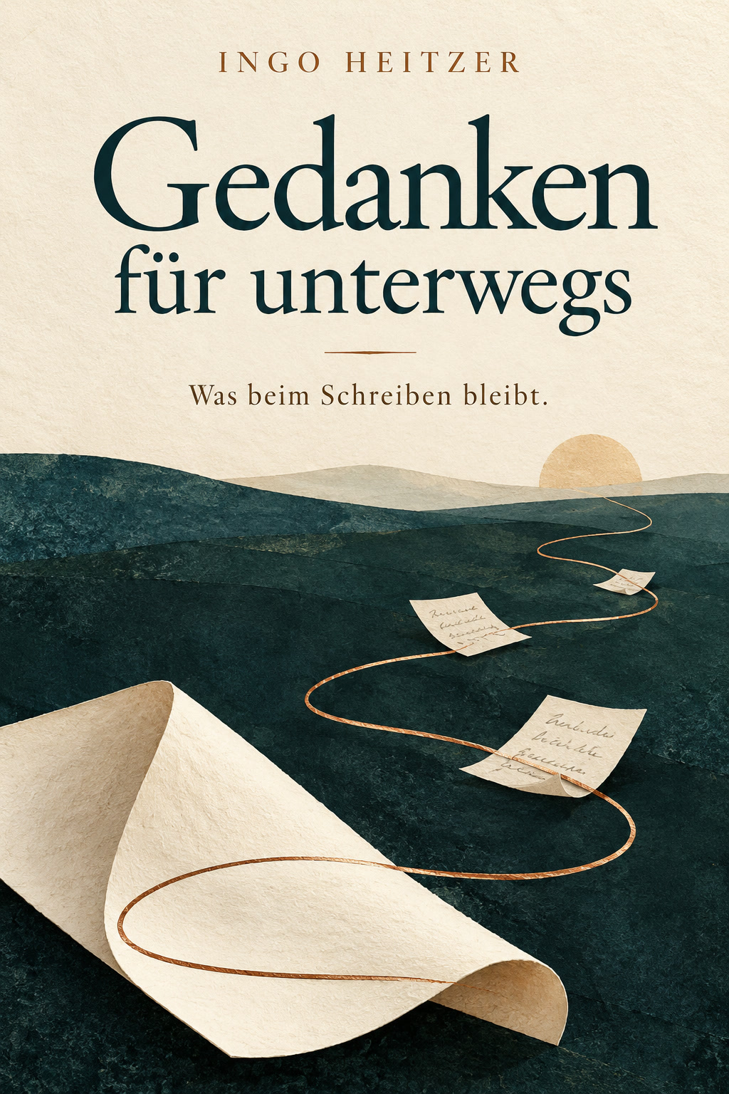 Coverentwurf Gedanken für unterwegs: Ein Weg aus Papier und einer kupferfarbenen Linie.